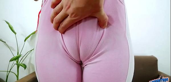  Huge Natural Breasts on Small Teen and Puffy Cameltoe Pussy